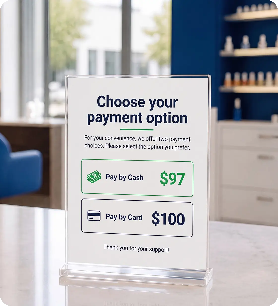 Dual pricing sign showing cash and card payment choices.